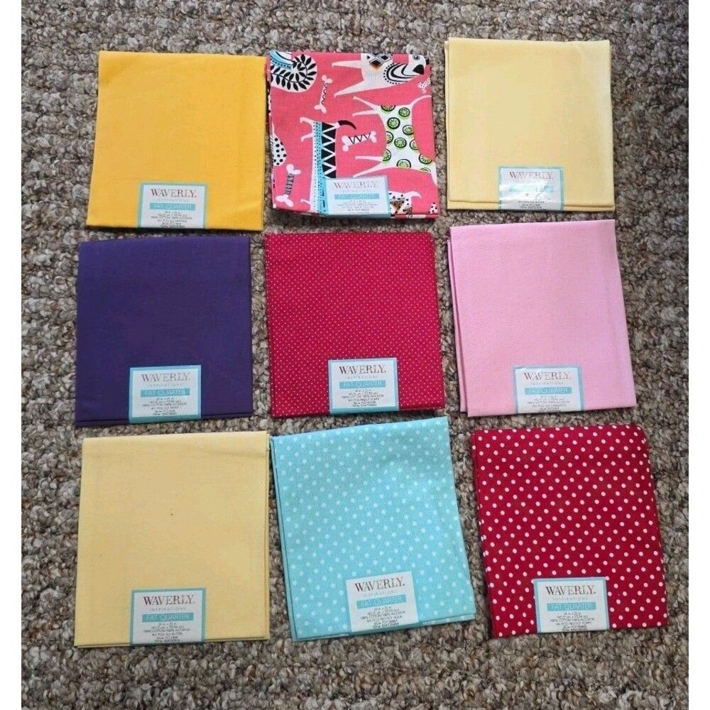 Waverly Inspirations Fat Quarters Lot of 9 Purple Dogs Blue Yellow Red Polka Dot